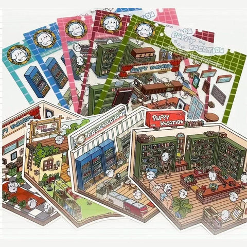 Puppy Sticker Scenes! Create your Own Library|Cinema|Resort|Market
