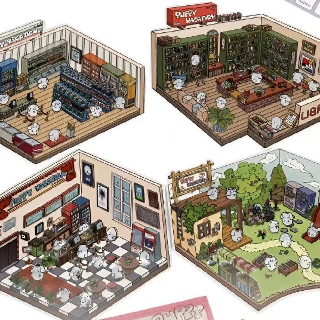 Puppy Sticker Scenes! Create your Own Library|Cinema|Resort|Market