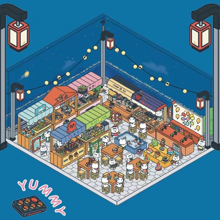 3D Miniature Scene Stickers, Make a UFO Capture|Night Market|Bookstore|BurgerShop