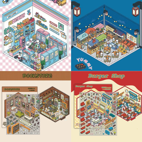 3D Miniature Scene Stickers, Make a UFO Capture|Night Market|Bookstore|BurgerShop