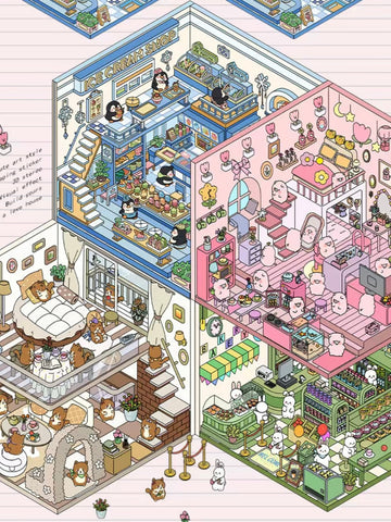 3D Sticker Scene, DIY Pink Hut|Coffee Cat Loft|Penguin Ice Cream|Bunny Store