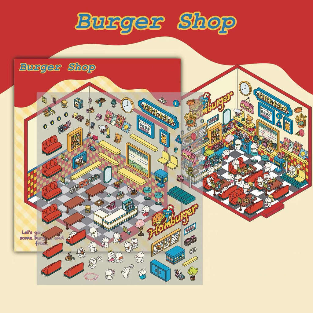 3D Miniature Scene Stickers, Make a UFO Capture|Night Market|Bookstore|BurgerShop